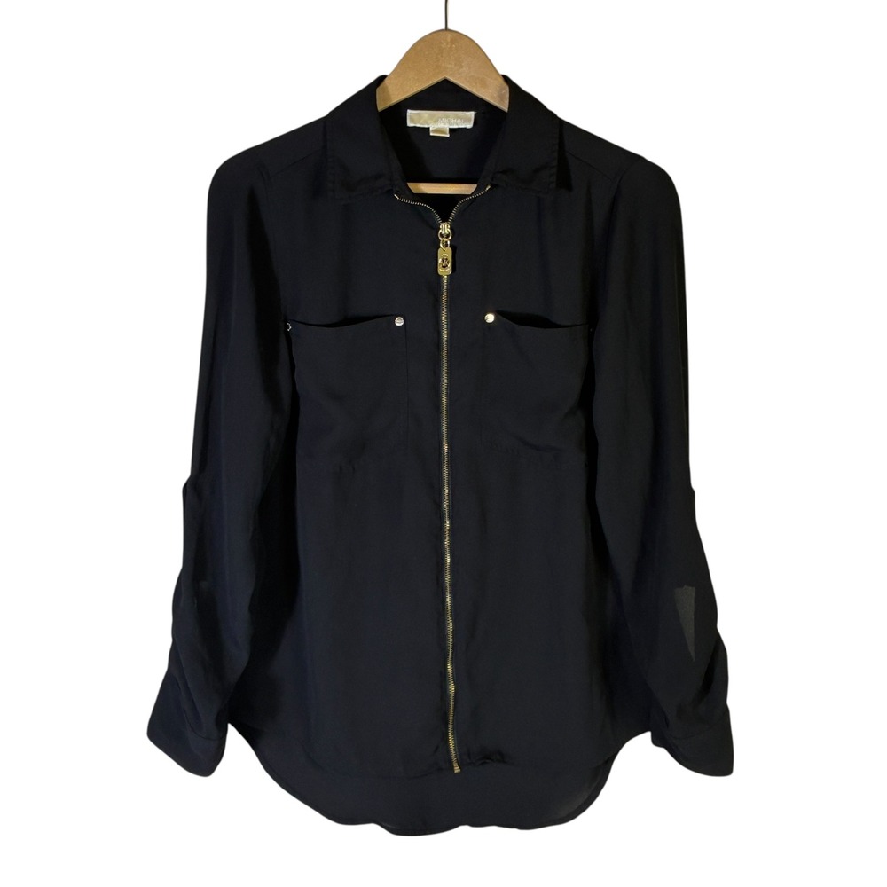 Michael Kors Zip Front Blouse Womens S Black Long Sleeve Gold Hardware Career